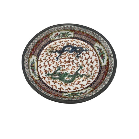 Hand-Painted Japanese Dragon Porcelain Bowl 9.5″ Pewter Encased Hong Kong Art - Picture 1 of 6